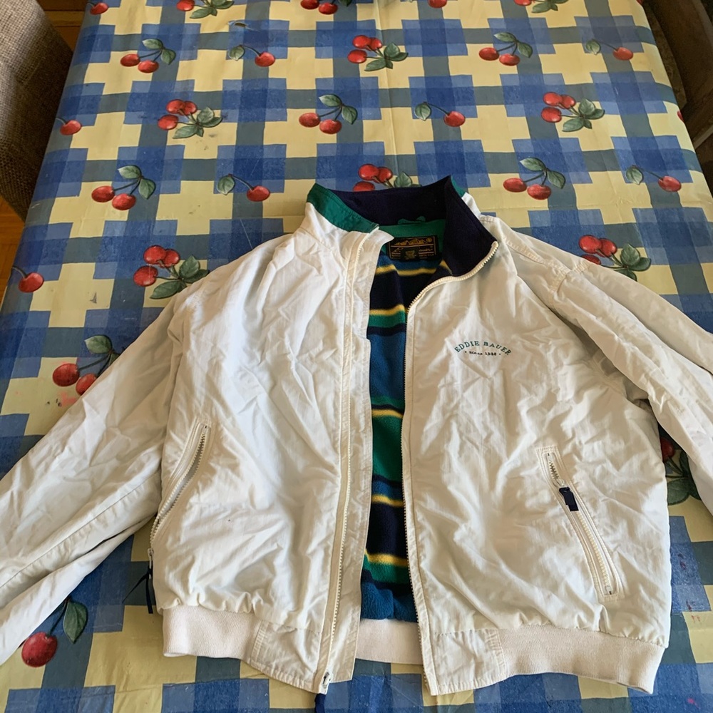 A white and colourful Eddie Bauer jacket size L
